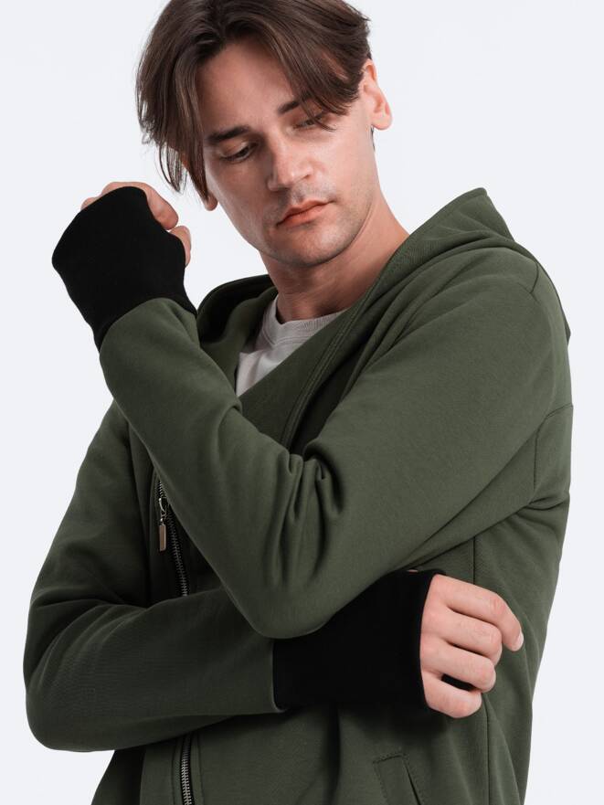 Asymmetrical men's sweatshirt with a spacious hood NANTES - dark olive green B1368