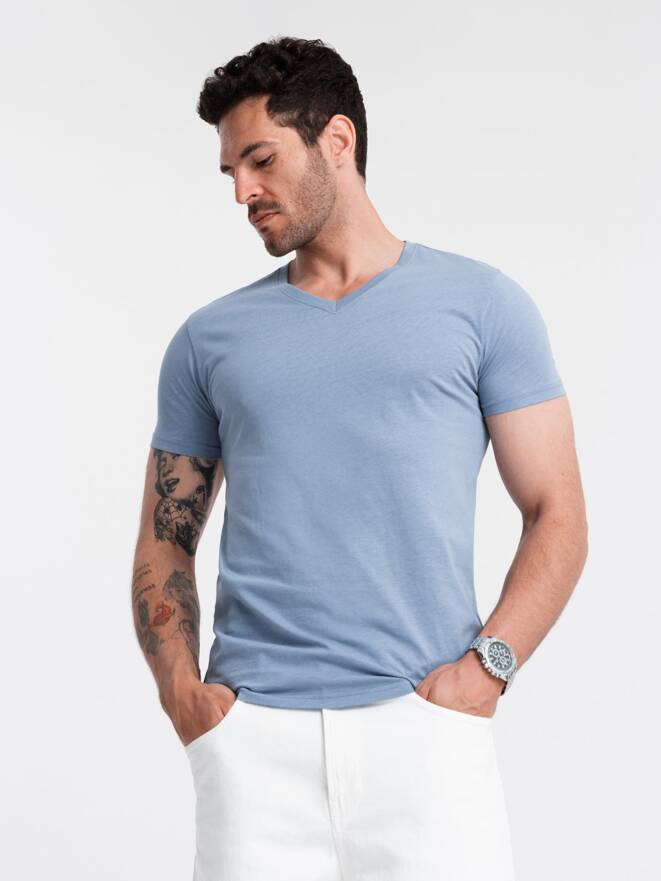 BASIC men's classic cotton T-shirt with a serape neckline - blue V20 OM-TSBS-0145