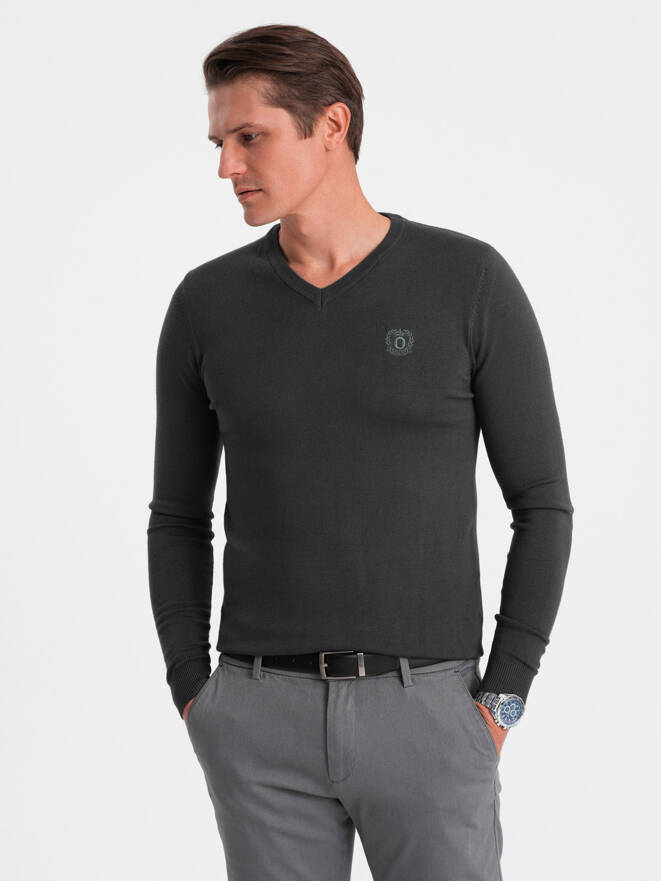 Elegant men's sweater with a heart neckline - graphite V17 OM-SWBS-0107
