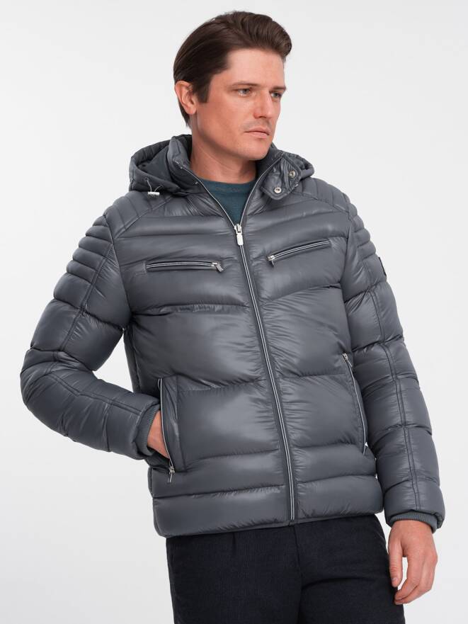 Heavily insulated quilted men's jacket with detachable hood - graphite V3 OM-JAHP-22FW-010