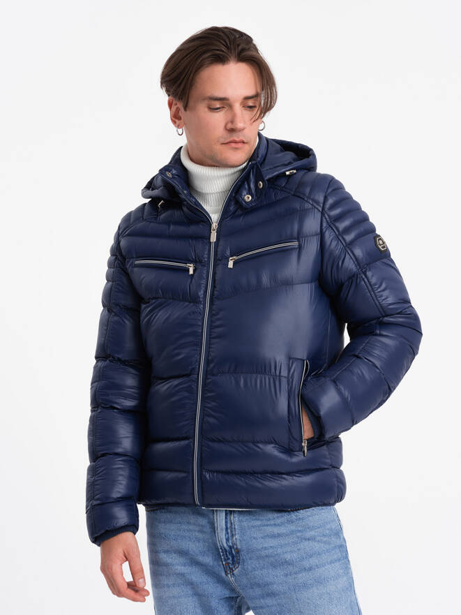 Heavily insulated quilted men's jacket with detachable hood - navy blue V2 OM-JAHP-22FW-010