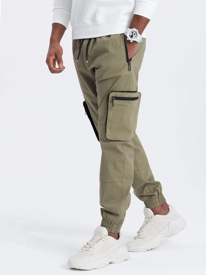 Men's JOGGER pants with zippered cargo pockets - light olive V1 OM-PAJO-0135