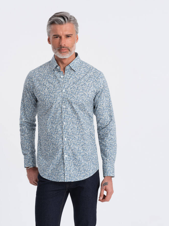 Men's SLIM FIT shirt in small leaf print - light blue V1 OM-SHPS-0163