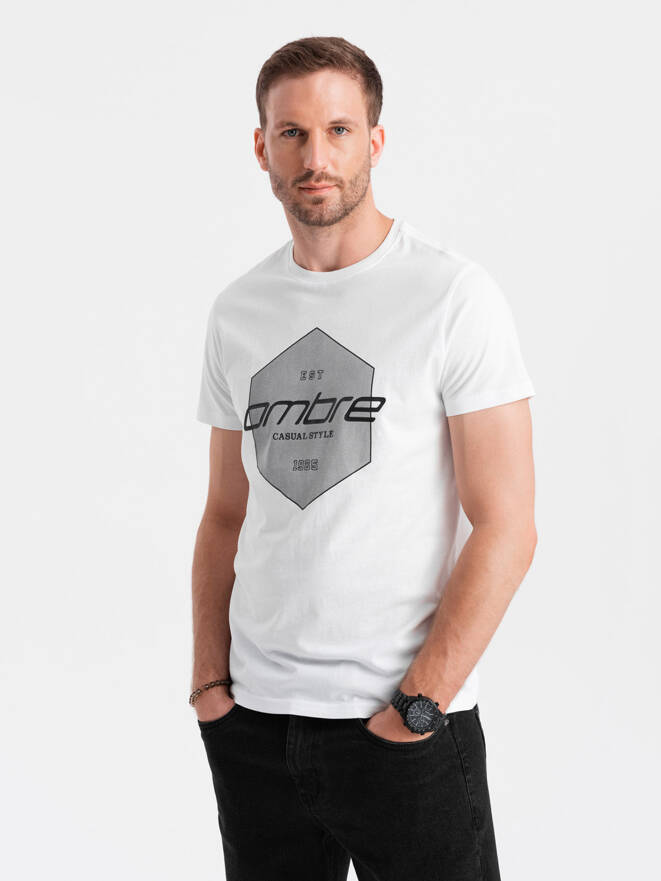 Men's cotton t-shirt with geometric print and logo - white V1 OM-TSPT-0141