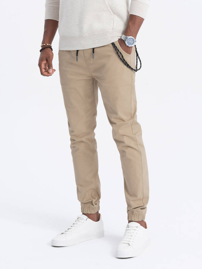 Men's fabric pants JOGGERS with decorative cord - beige V5 P908