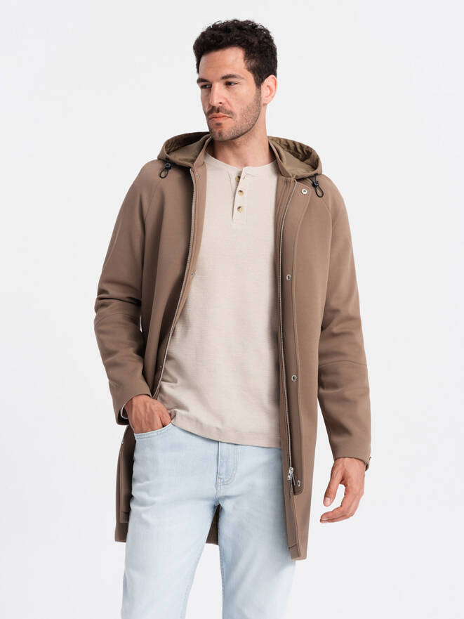 Men's hooded coat in fine stripe - coffee V1 OM-COSC-0112
