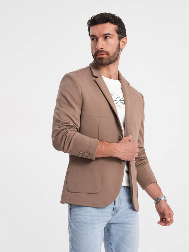 Men's jacket with patch pockets - dark beige V3 OM-BLZB-0127