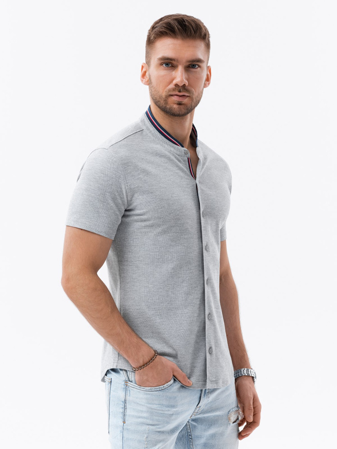 Men's knitted shirt with short sleeves and collared collar - grey V5 OM-SHSS-0101