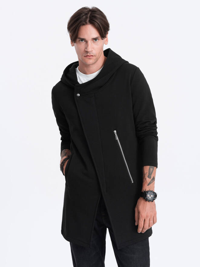 Men's long sweatshirt with asymmetrical button-up HAGA - black B668