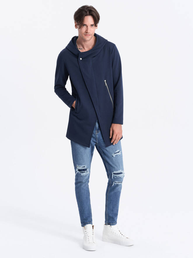Men's long sweatshirt with asymmetrical button-up HAGA - navy blue B668