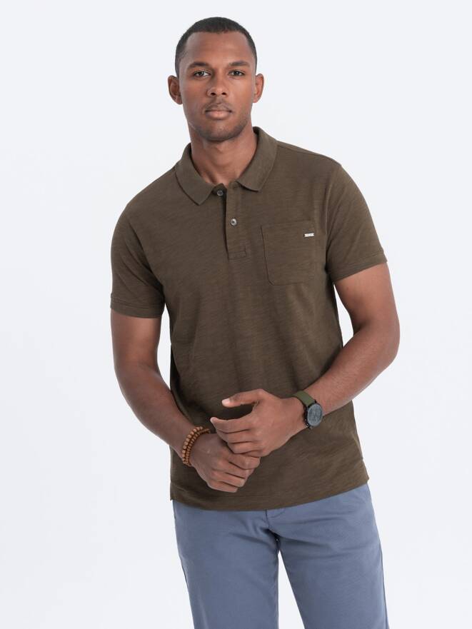 Men's polo t-shirt with decorative buttons - dark olive V5 S1744