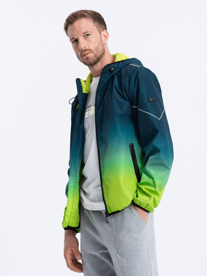 Men's sports jacket with reflectors - turquoise and lime green V1 OM-JANP-0105