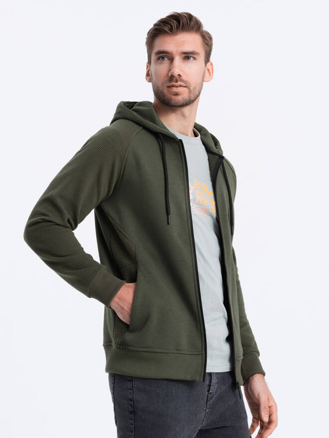 Men's unbuttoned hooded sweatshirt - khaki V1 OM-SSZP-0124