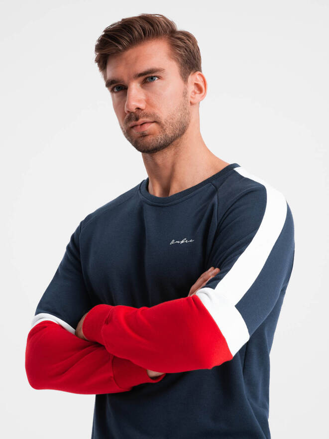 Tri-color men's sweatshirt with raglan sleeves - navy blue V2 OM-SSNZ-22FW-003