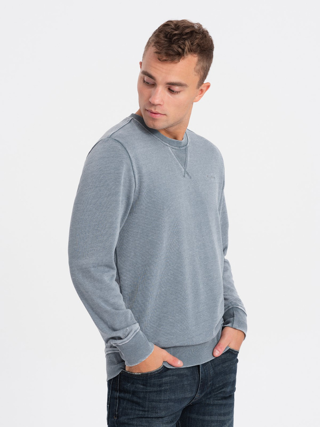 Washed men's sweatshirt with decorative stitching at the neckline - light blue V3 OM-SSDS-0131