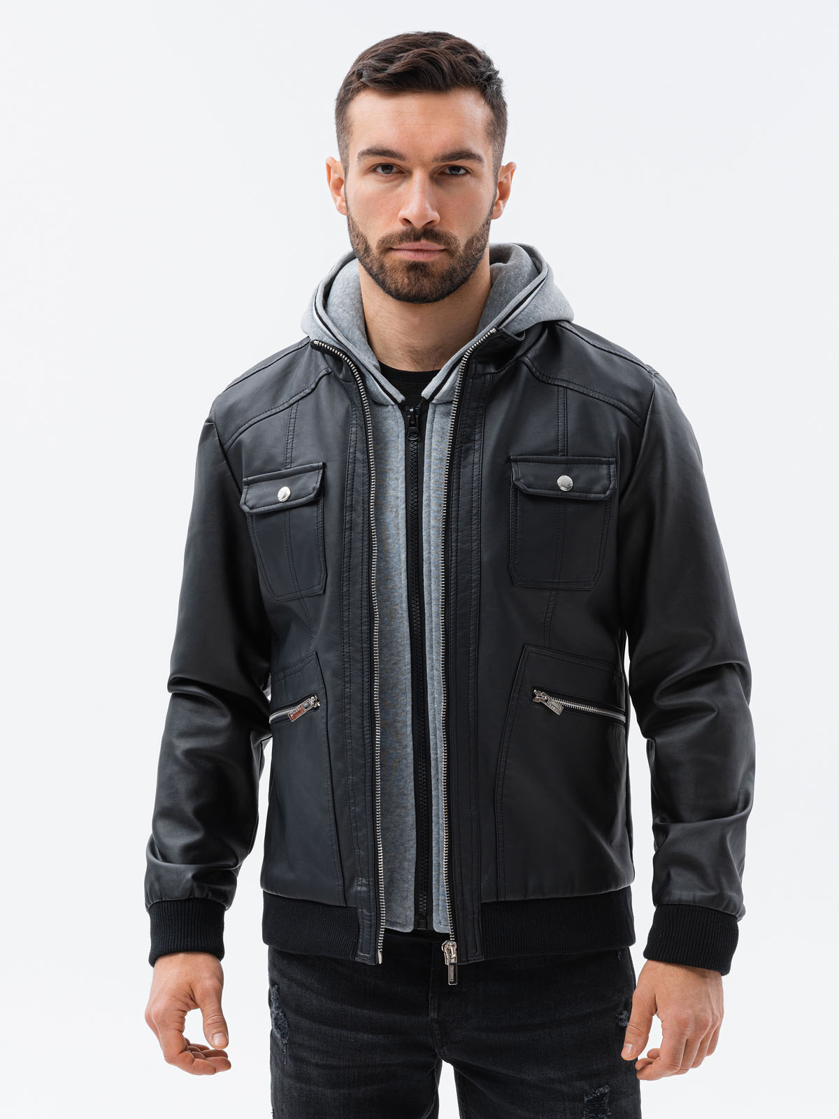 Men's biker jacket with hoodie black C415 MODONE wholesale