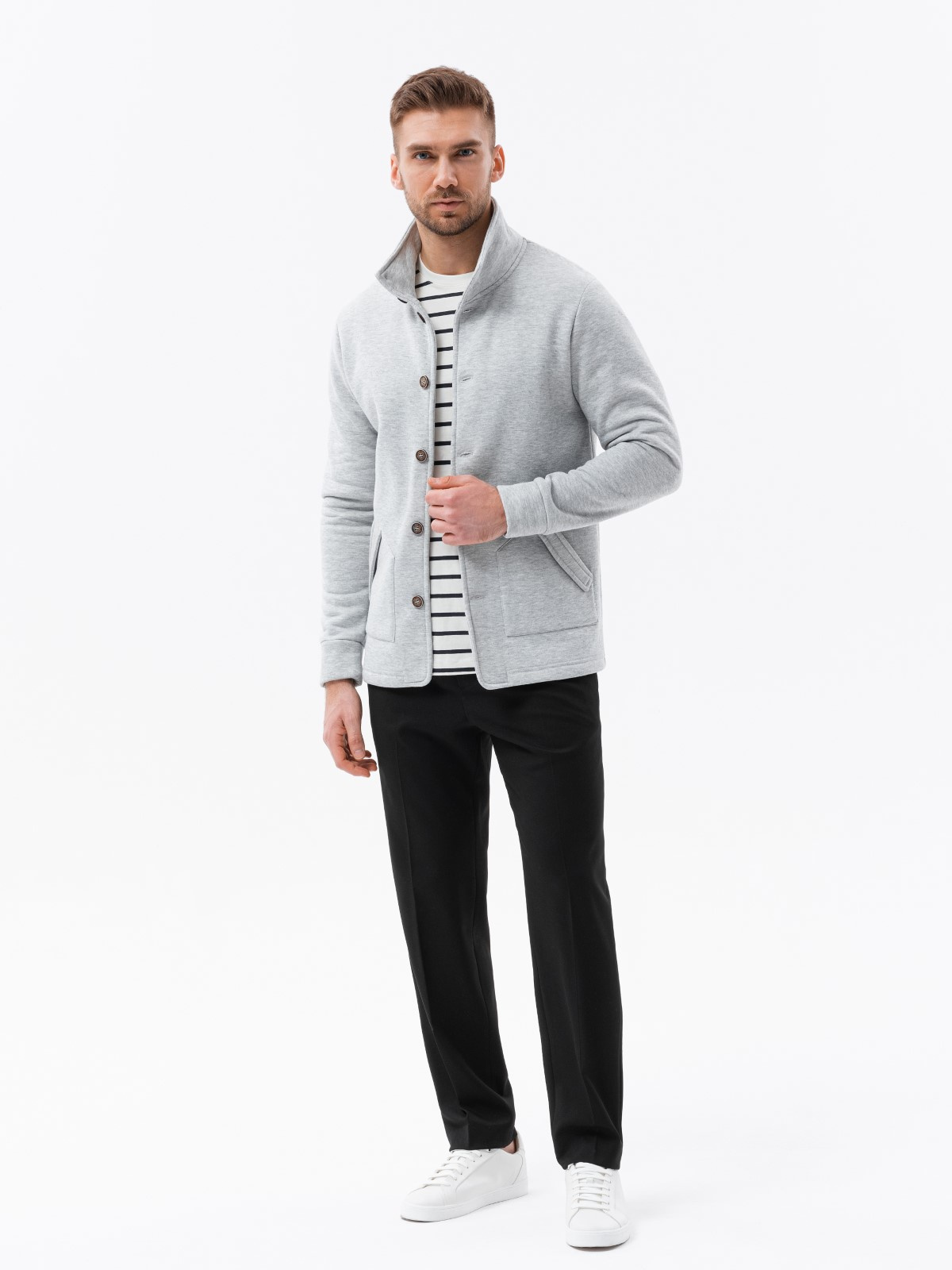 Men's buttondown sweatshirt with standup collar grey melange V2 OMSSZP22FW013 MODONE