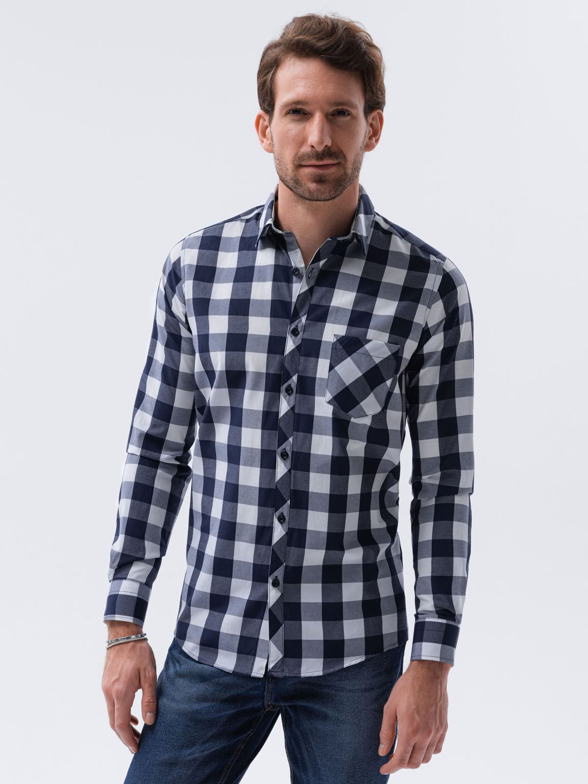 Men's check shirt with long sleeves K282 - navy | MODONE wholesale ...