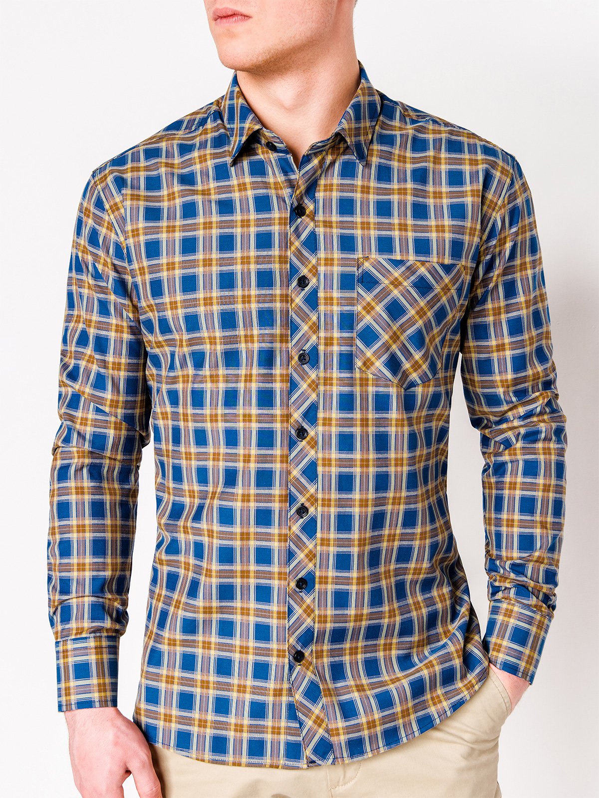 Men's check shirt with long sleeves K418 - navy/yellow | MODONE ...