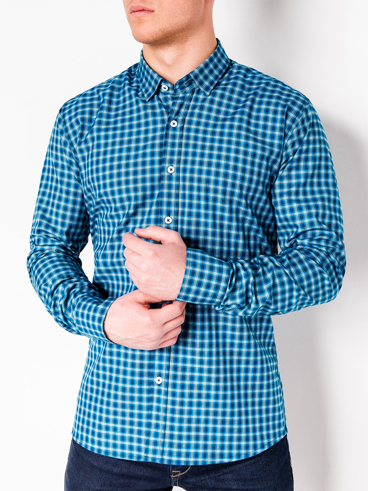 Men's check shirt with long sleeves K438 - navy/green | MODONE ...