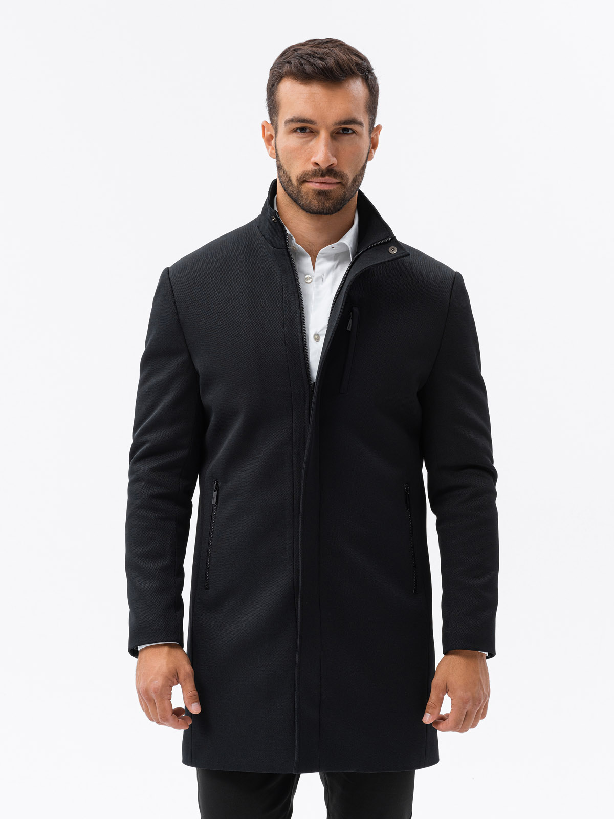Men's coat with stand-up collar and quilted lining - black V1 OM