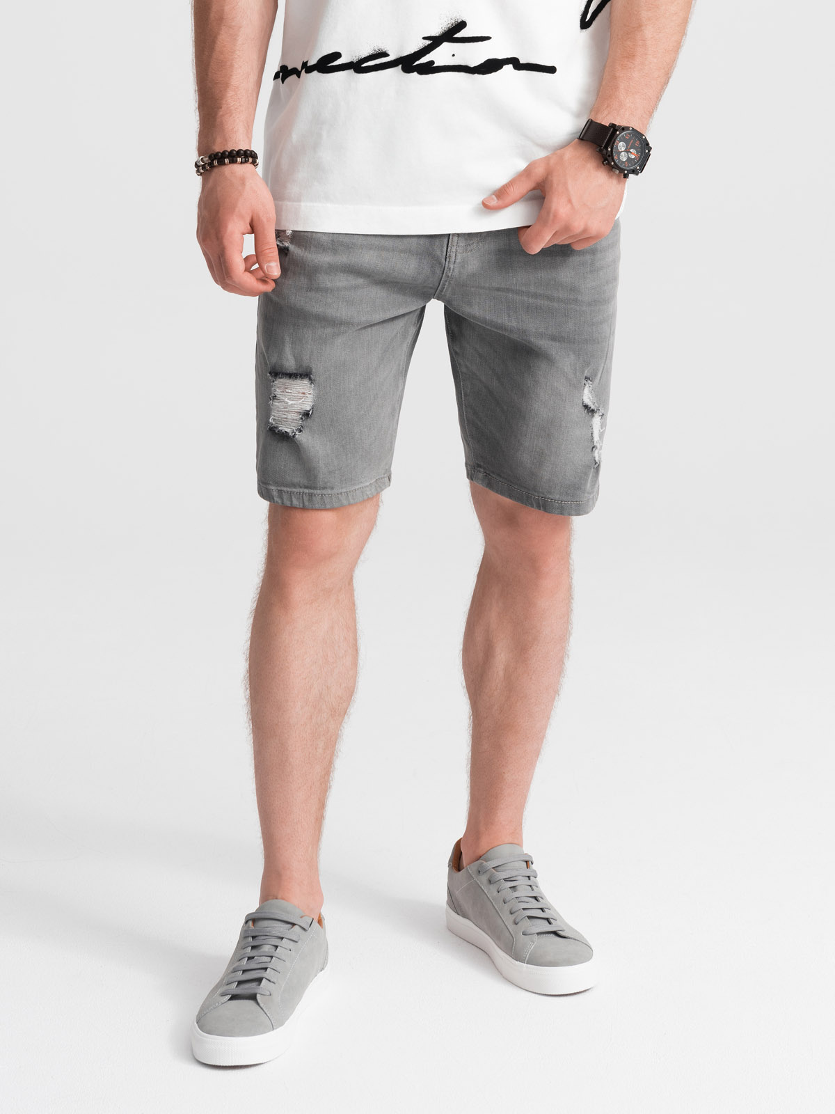 Men's denim short shorts with holes gray V2 OMSRDS0114 MODONE