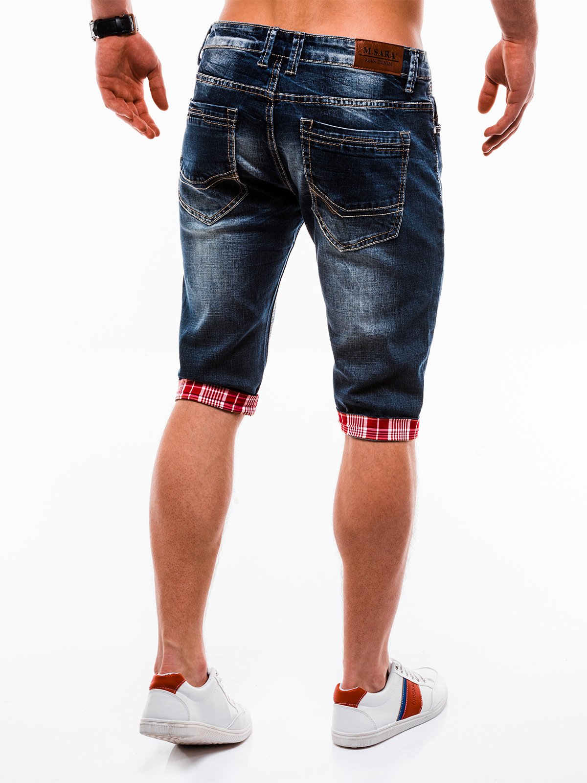 mens red jean shorts