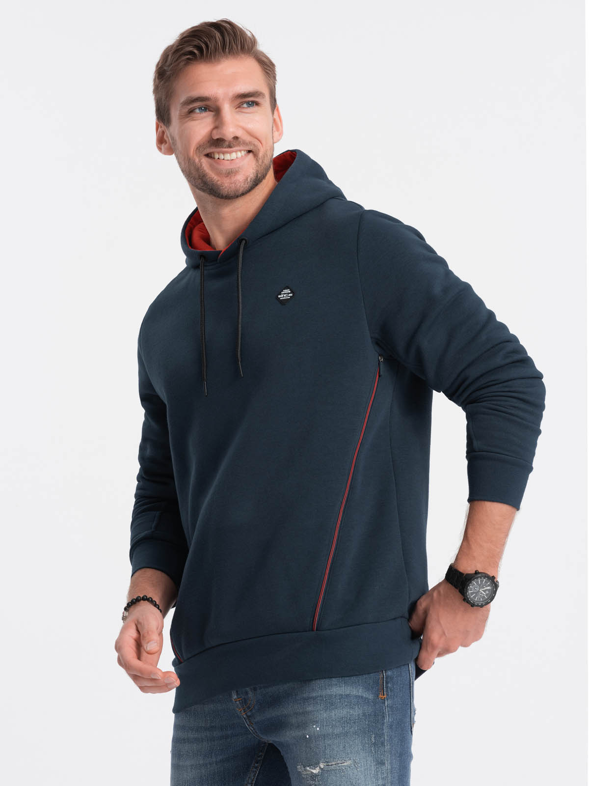 Men's hoodie with zippered pocket - navy blue V1 OM-SSNZ-22FW-006 ...