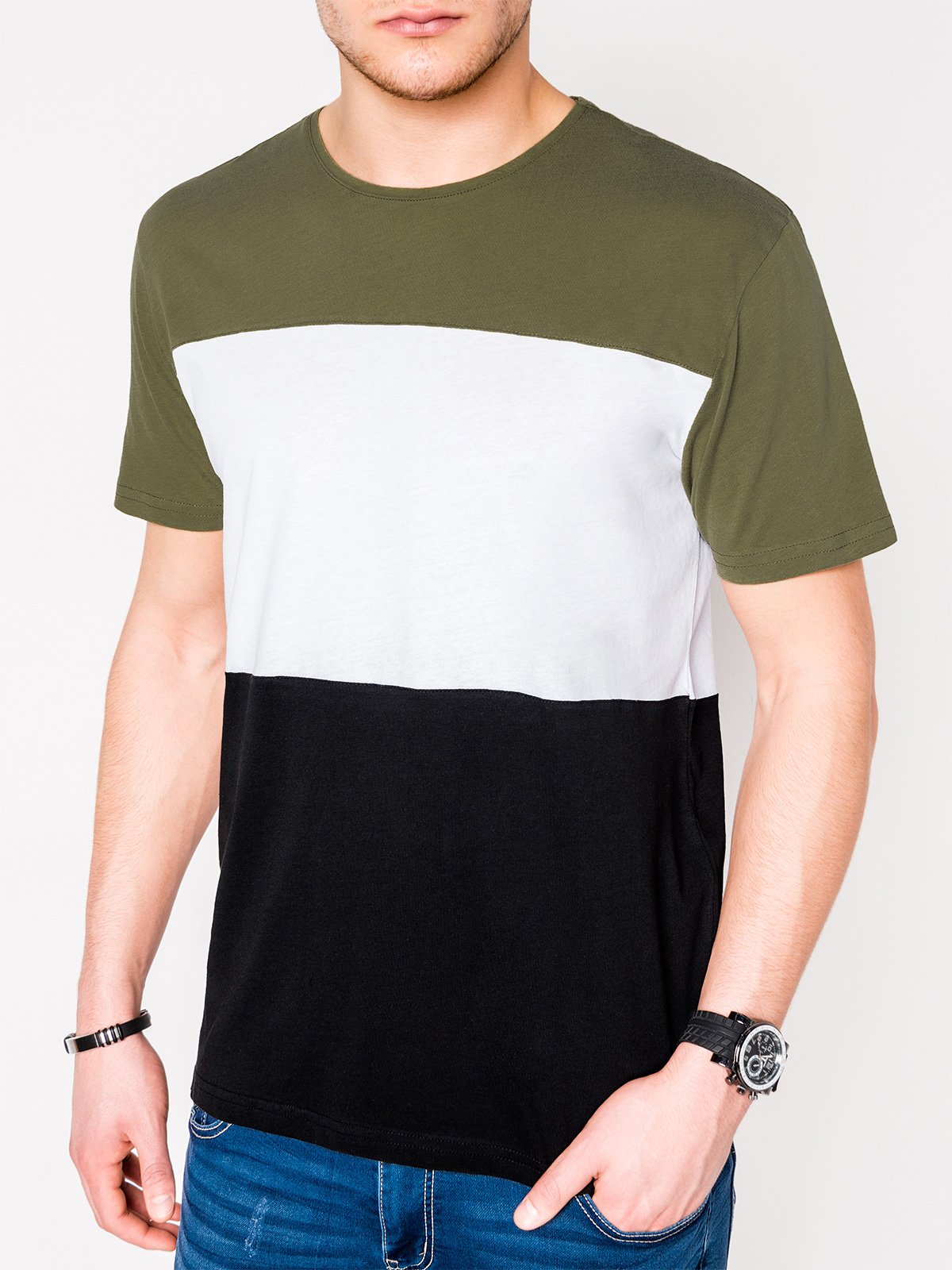 Men's plain t-shirt S1005 - khaki/black | MODONE wholesale - Clothing ...