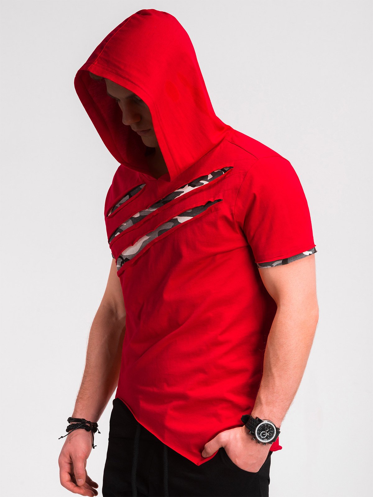 red hooded t shirt