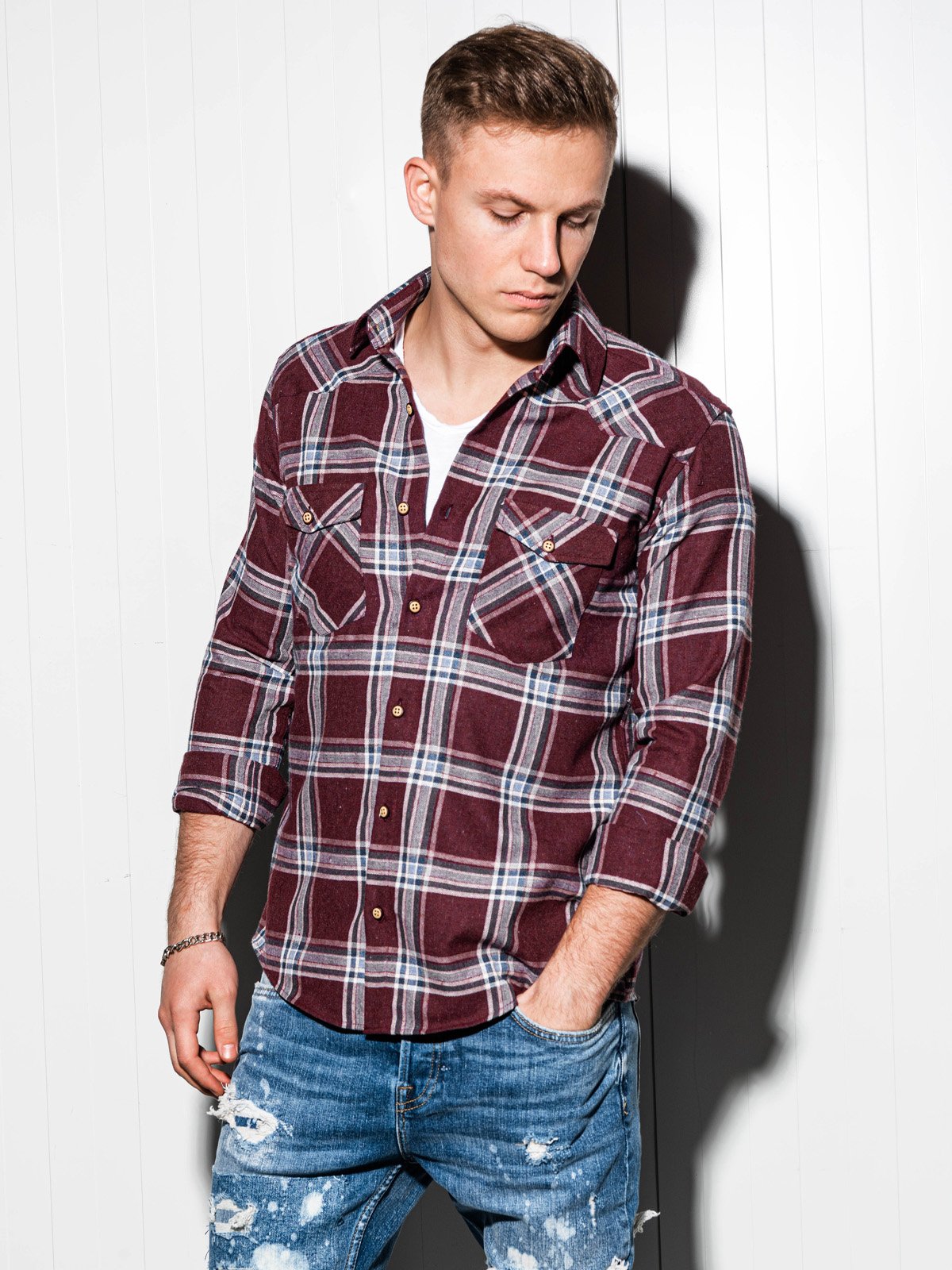 Men's shirt with long sleeves K510 - dark red | MODONE wholesale ...