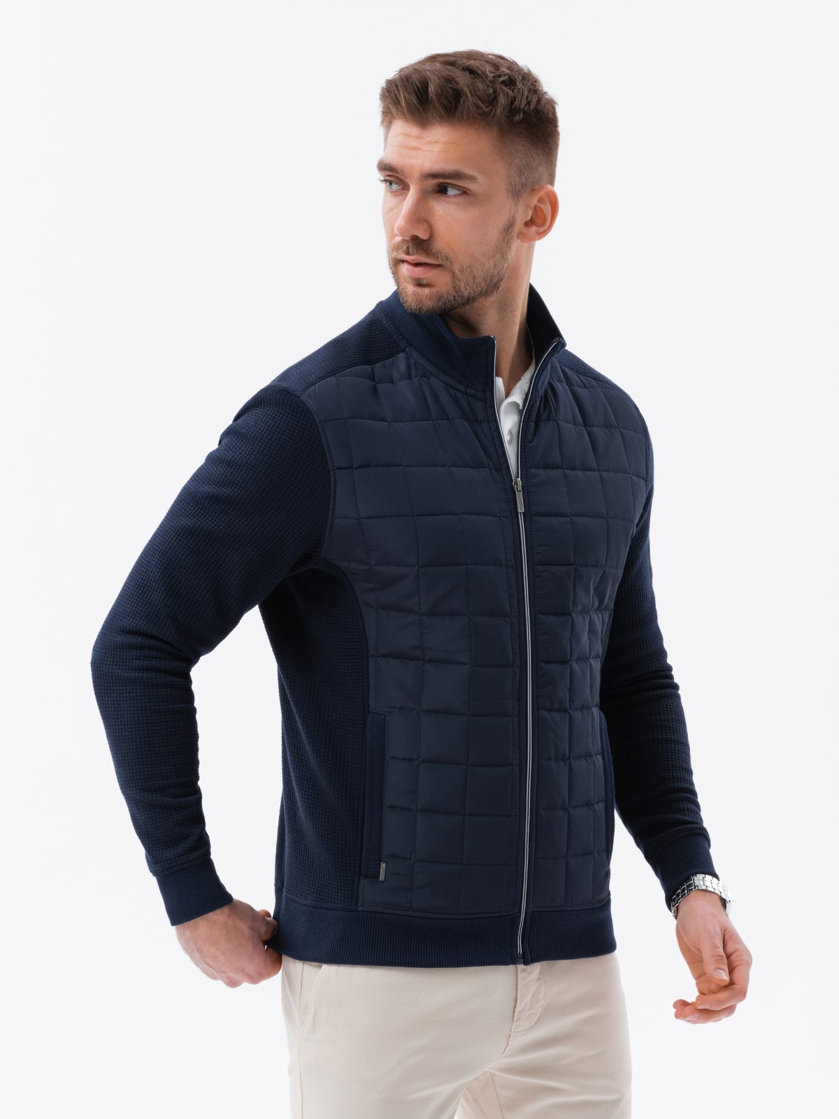 Men's unbuttoned jacket with quilted front - navy blue V1 OM-JANP-0103 ...