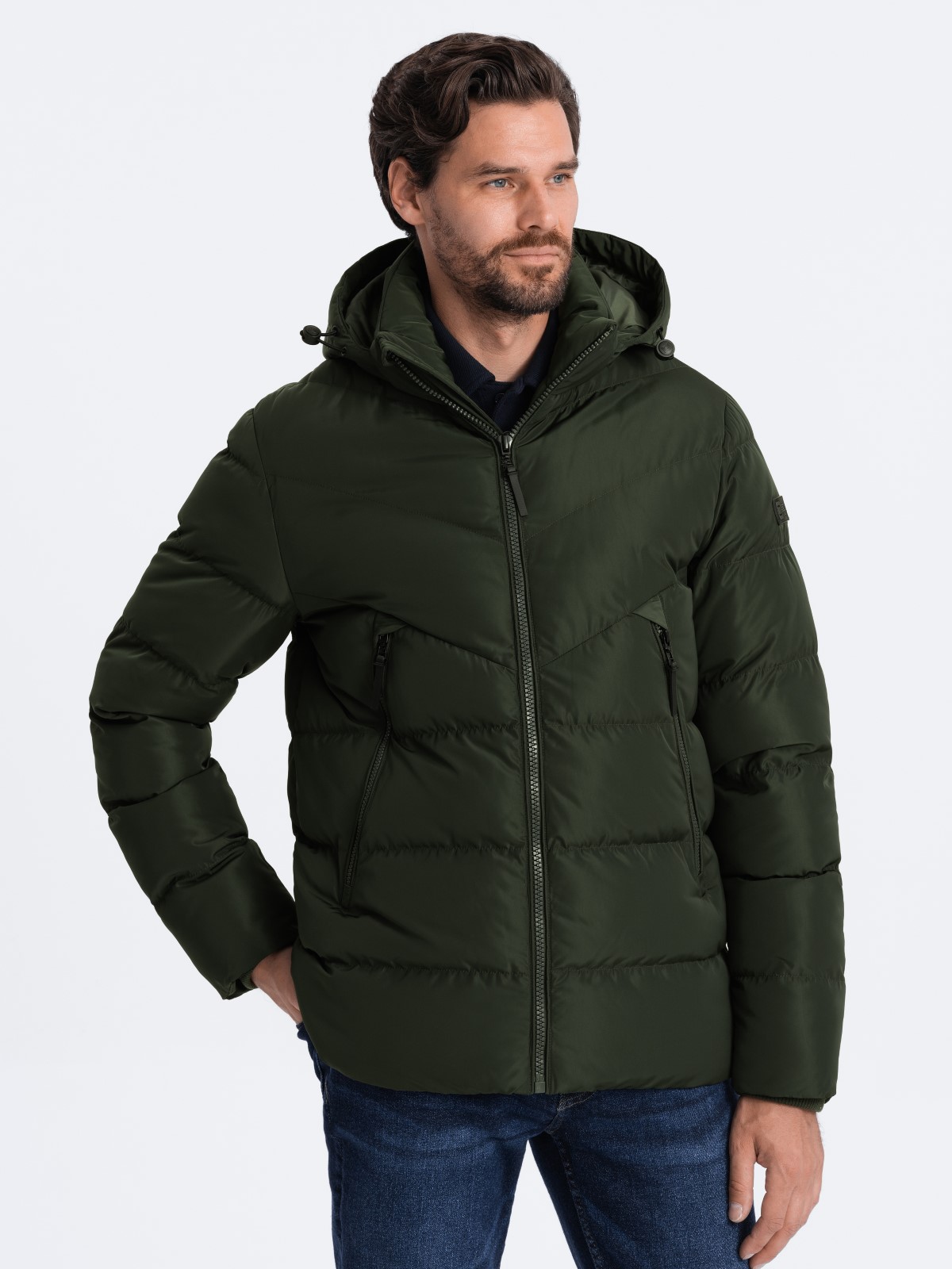 Men's winter jacket with unusual quilting - dark green V2 OM-JAHP 