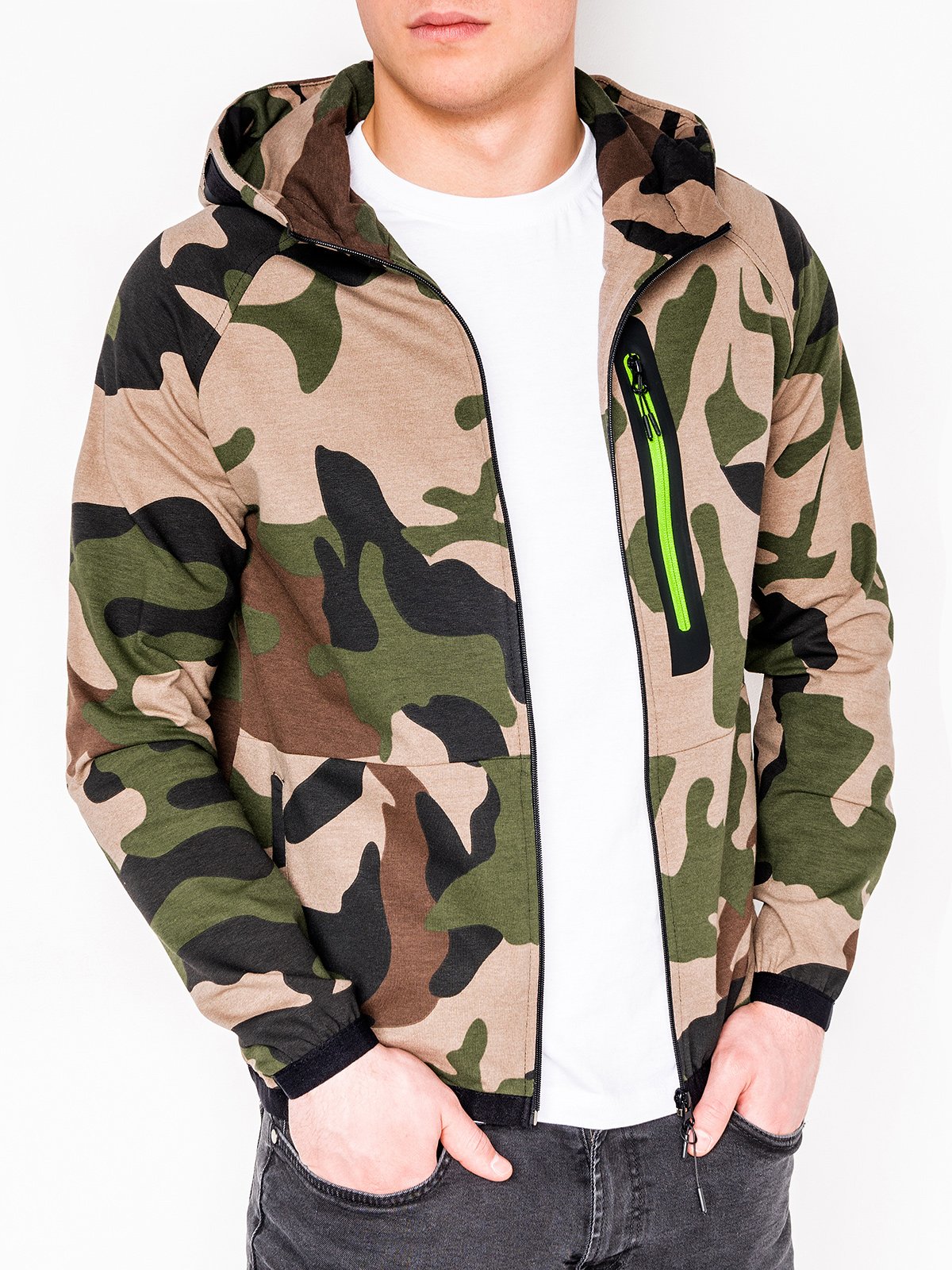 Men's zip-up hoodie B733 - green/camo | MODONE wholesale - Clothing For Men