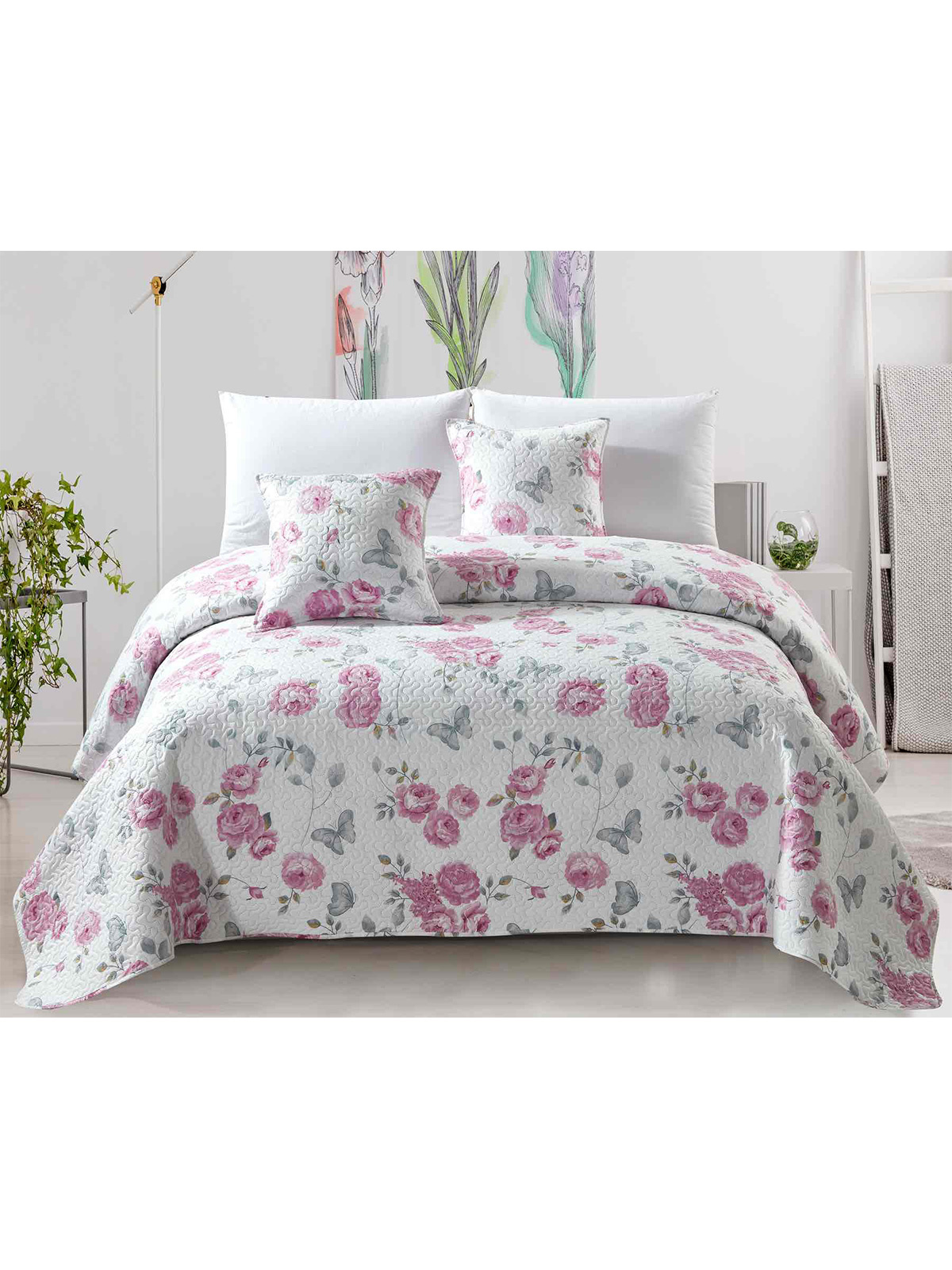 Quilted bedspread with roses Calmia A536 white MODONE wholesale