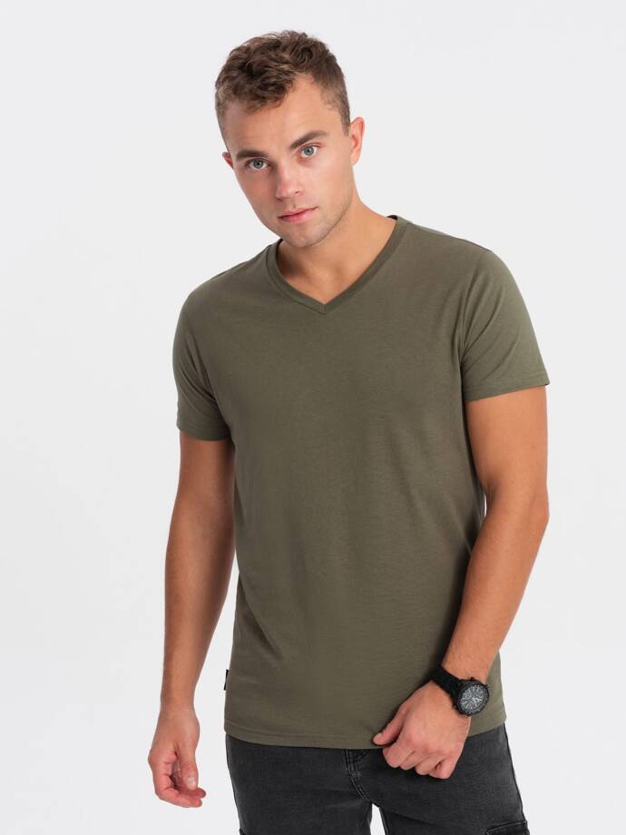 BASIC men's classic cotton T-shirt with a crew neckline - dark olive V6 OM-TSBS-0145