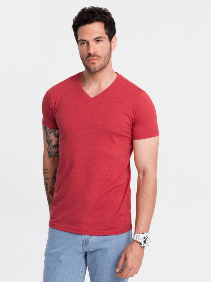 BASIC men's classic cotton tee-shirt with a crew neckline - red melange V17 OM-TSBS-0145