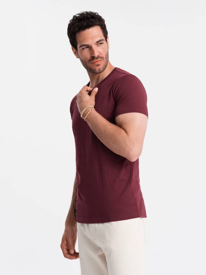 BASIC men's cotton classic tee shirt with a v-neck - maroon V10 OM-TSBS-0145