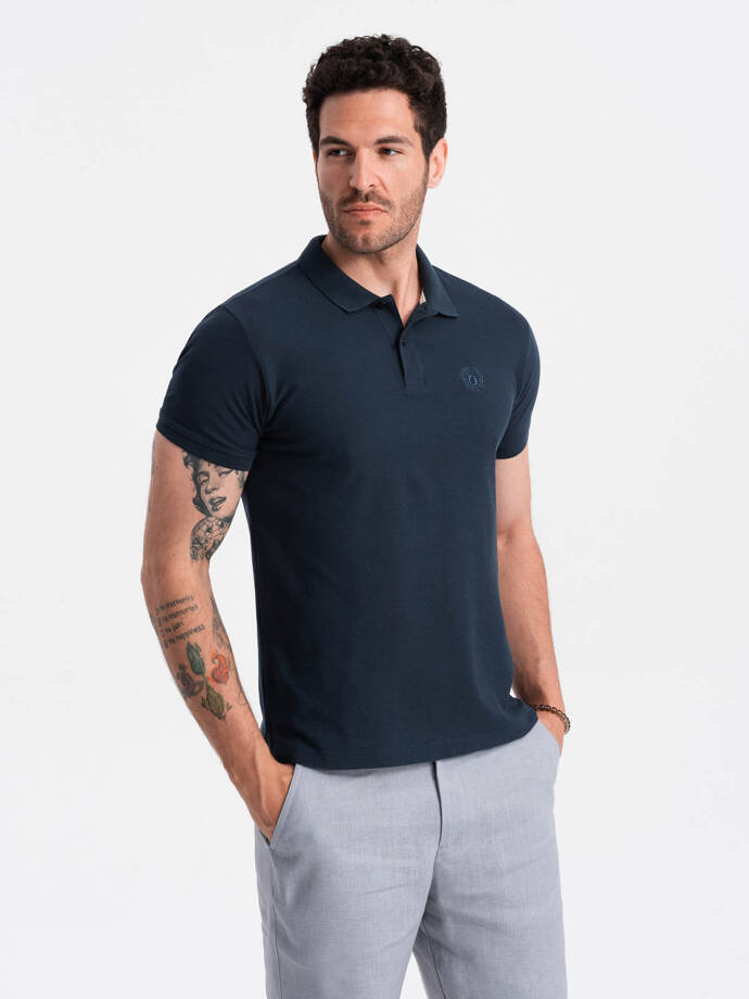 BASIC men's single color pique knit polo shirt - navy blue V2 OM-POBS-0100