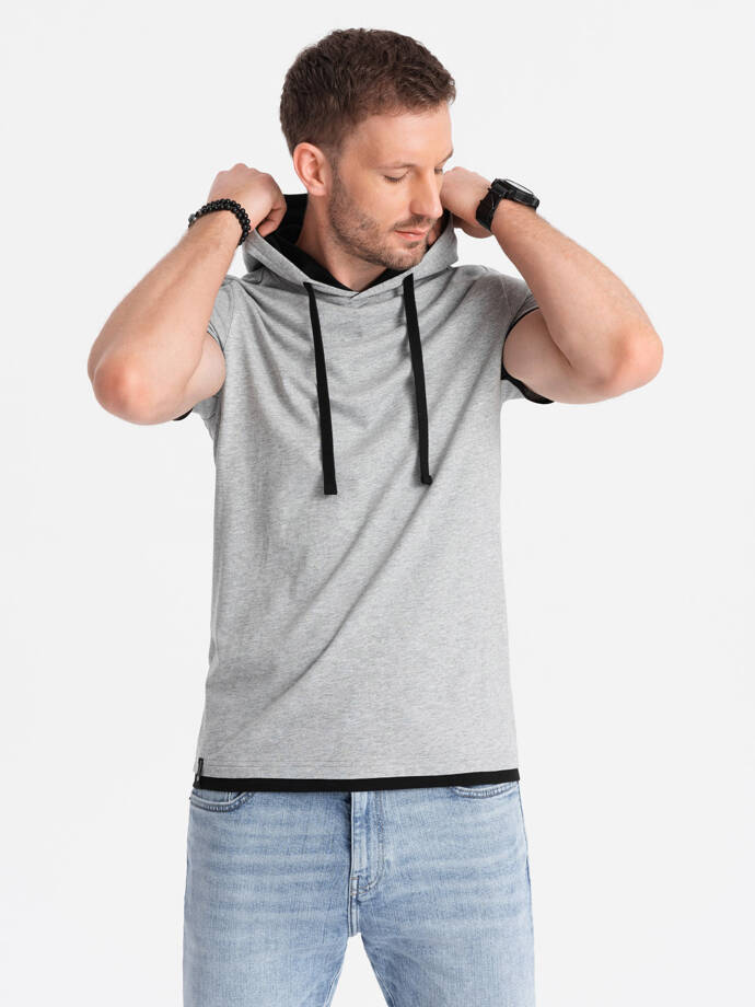 Casual men's cotton hooded t-shirt - grey melange V8 OM-TSCT-22SS-001