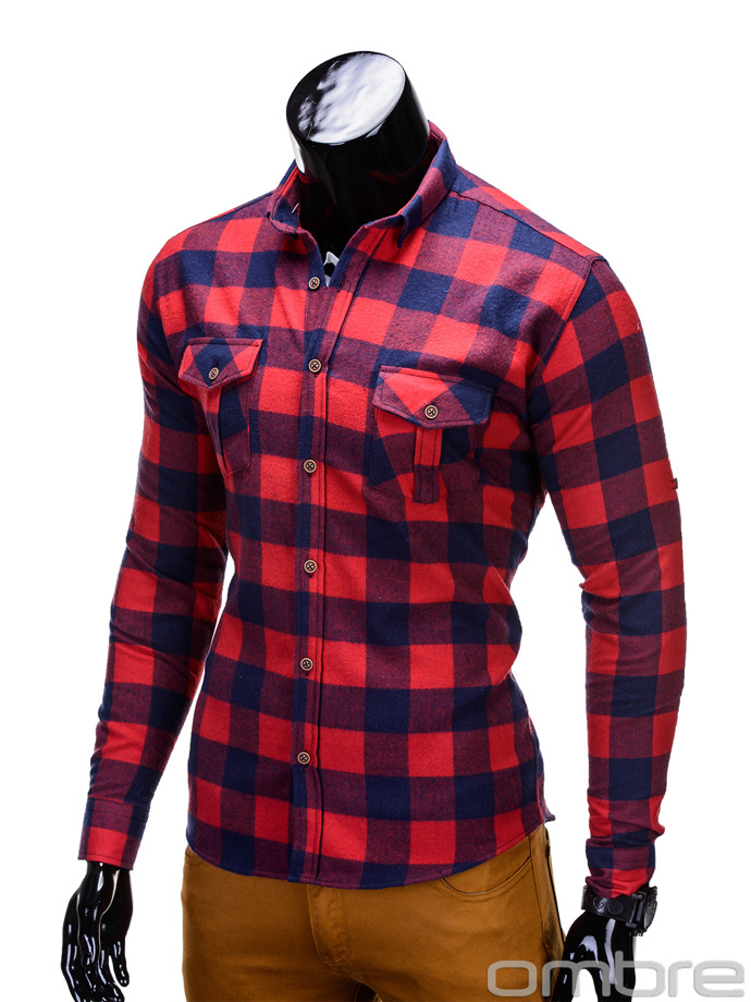 Checkered long-sleeved men's shirt K312 - red