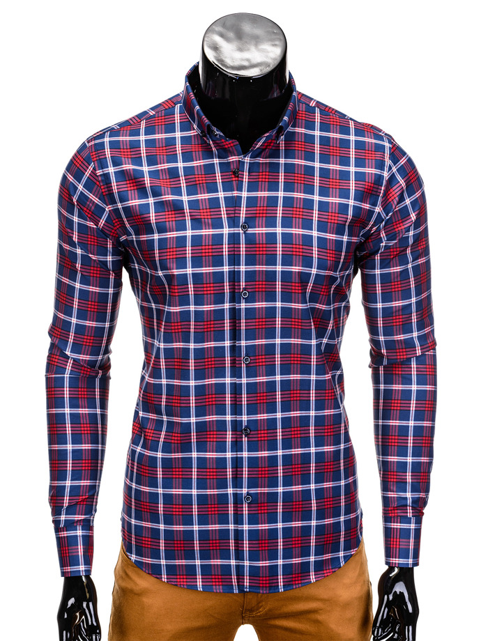 Checkered long-sleeved men's shirt K359 - red