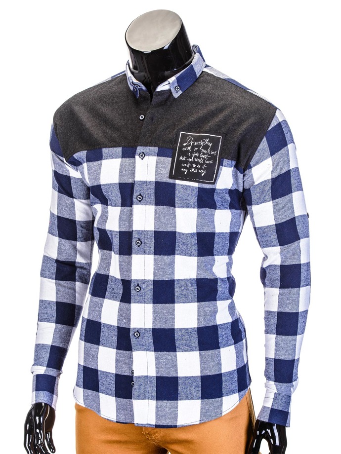 Checkered long-sleeved men's shirt K371 - navy