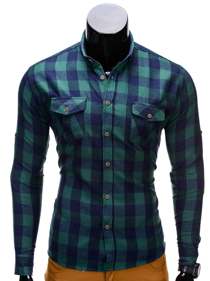 Checkered long-sleeved men's shirt - green K312