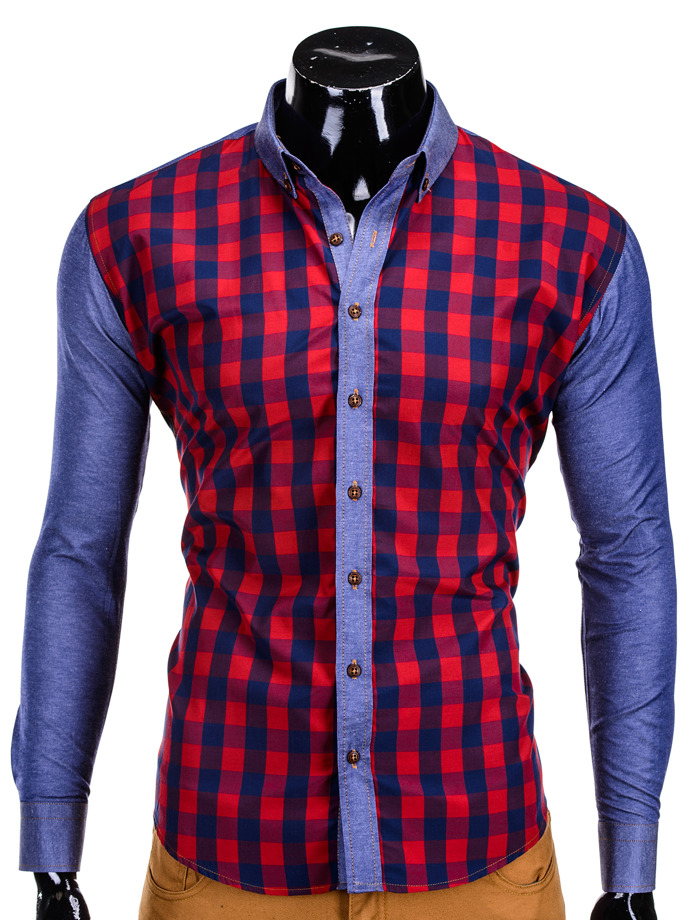 Checkered long-sleeved men's shirt - navy/red K301