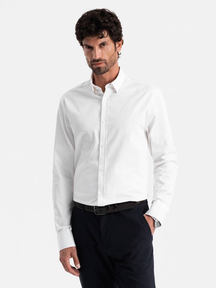 Classic men's SLIM FIT shirt in satin fabric - white V1 OM-SHOS-0176