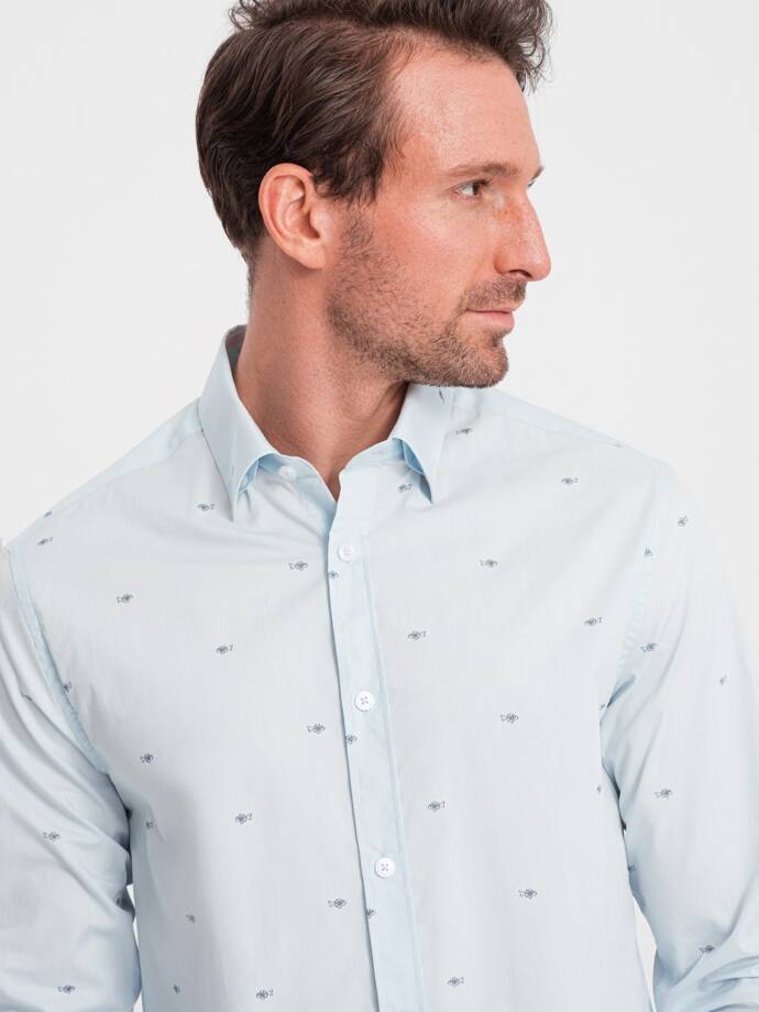 Classic men's cotton SLIM FIT shirt in fishnet - blue V4 OM-SHCS-0156