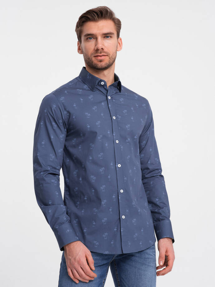 Classic men's cotton SLIM FIT shirt in palm trees - dark blue V5 OM-SHCS-0156