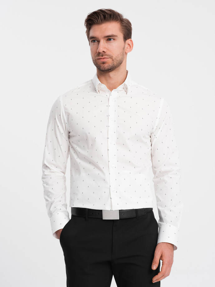 Classic men's cotton SLIM FIT shirt with anchors - white V3 OM-SHCS-0156