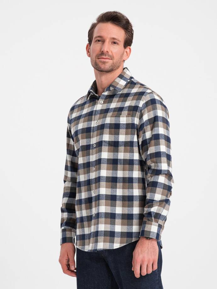 Classic men's flannel check cotton shirt - brown and navy blue V1 OM-SHCS-0157